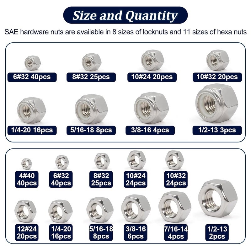 ZQZ 345 Pack SAE Hex Nut & Locknuts Assortment Kit,4#40 6#32 8#32 10#24 10#32 12#24 1/4-20 5/16-18 3/8-16 7/16-14 1/2-13 1/4-20 304 Stainless Steel Standard Thread Nylon Insert Lock Nuts Set - Image 2